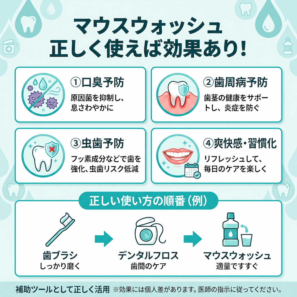 マウスウォッシュ 正しく使えば効果あり！